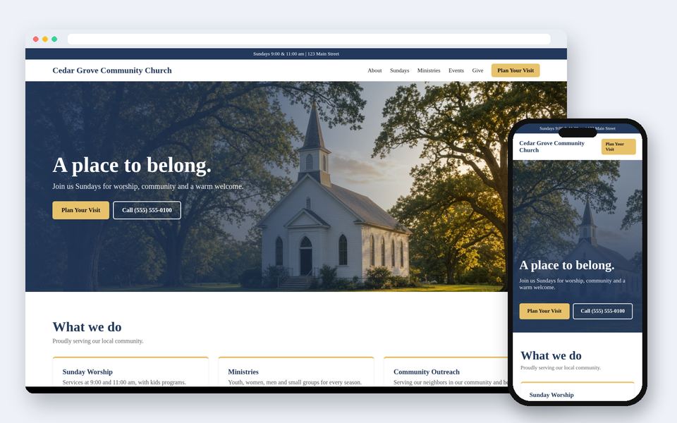 Sample website design for a fictional Cedar Grove Community Church