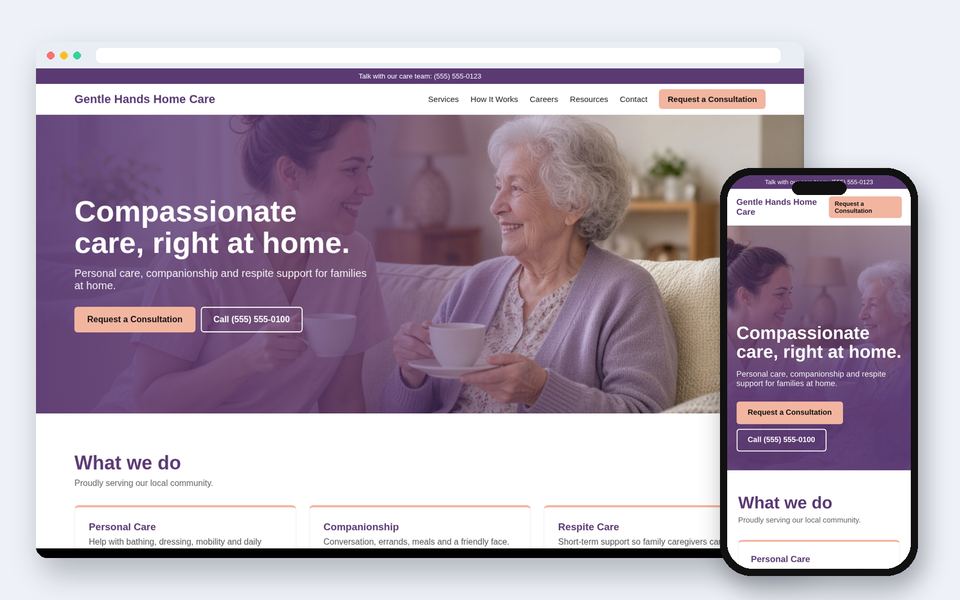 Sample website design for a fictional Gentle Hands Home Care